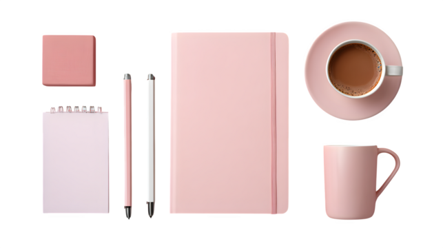 Pink Stationery and Coffee Mockup, isolated on transparent background - Powered by Adobe