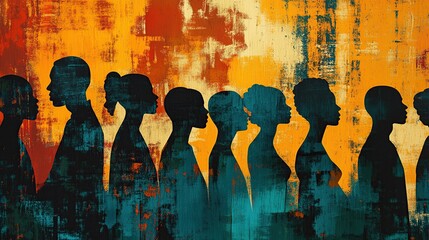 A series of silhouetted figures stand in a line against a textured, abstract background of orange, teal, and brown. The figures are diverse in appearance, suggesting a representation of humanity.