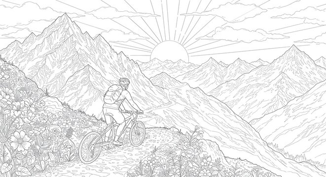 A detailed black and white line art illustration of a mountain biker descending a scenic trail at sunrise, surrounded by a vast and beautiful mountain landscape