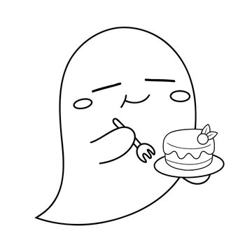 Cute ghost holding cake with fork, simple line art