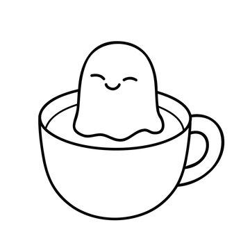 Cute ghost in coffee cup line art, simple and playful design