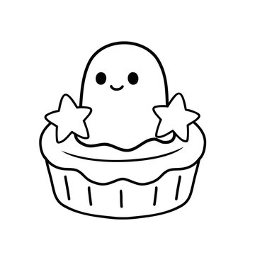 Cute ghost in cupcake with stars, simple line art