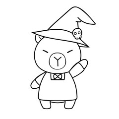Cute bear in witch hat with skull detail, waving happily