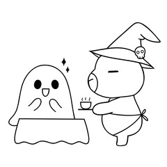 Cute capybara witch and ghost enjoy tea together