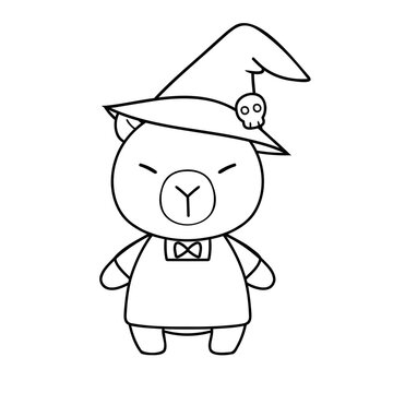 Cute capybara in witch hat with skull detail, simple line art