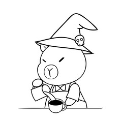 Cute capybara in witch hat stirs potion with skull detail