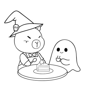 Cute capybara in witch hat with ghost enjoying cake