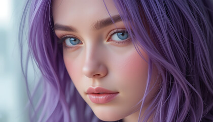 Fototapeta premium A woman with lavender hair and blue eyes, subtle blush, and a calm expression; light, airy background. 4K/HD