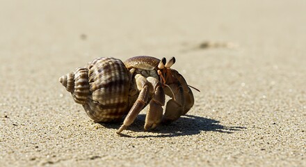 Curious Hermit Crab Emerging from Striped Shell on Sunlit Sandy Beach, Detailed Close-up