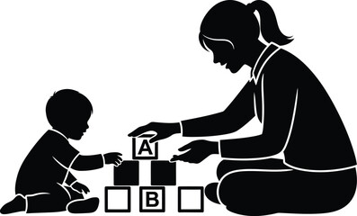 Silhouette of a mother and child playing with alphabet blocks, fostering early learning and development through play