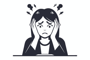 Anxious Cartoon Woman with Headache, Stress, Pressure on White Background