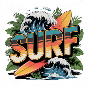 Colorful surf design with vibrant waves and retro surfboard surrounded by tropical leaves