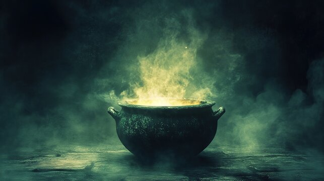 A dark, ominous cauldron bubbles with an intense green flame, surrounded by thick, swirling smoke, creating a mystical and unsettling atmosphere.