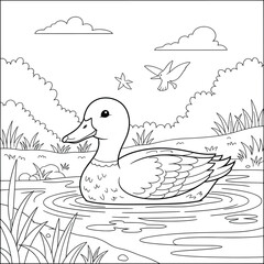 Duck line art illustration of a duck swimming in a pond surrounded by grass and bushes, perfect for coloring books and countryside farmyard animal design projects