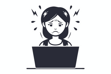 Monochromatic Cartoon Woman with Sad Face, Expression on White Background