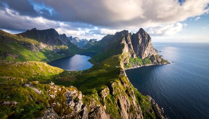 Naklejka premium Panoramic view of a serene coastal landscape, featuring a tranquil lake nestled amidst dramatic, verdant mountains and a vast ocean under a cloudy sky