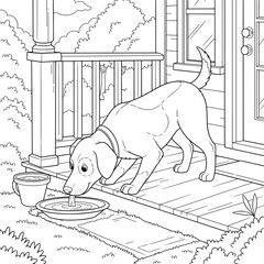 Cute dog drinking water from a bowl on the wooden porch of a house with plants and trees around, perfect for children’s coloring books and fun animal designs