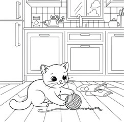 Cute kitten playing with a ball of yarn on the kitchen floor with cabinets, slippers, and window view, perfect for cozy home coloring books and pet illustrations