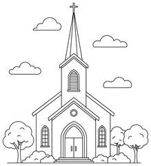 Church building with tall steeple, cross, arched windows, and surrounding trees in a simple cartoon line art style, perfect for architecture coloring pages and designs