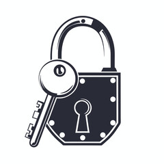 Classic Metal Padlock with Key Design, Antique Style on White Background