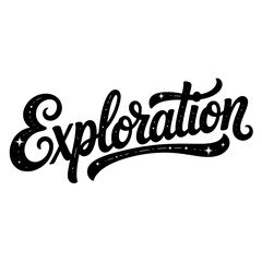 Creative exploration lettering design with swirls and stars in black color against a white background
