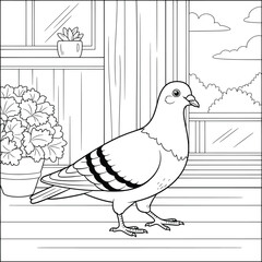 Pigeon standing indoors on a wooden floor with window, curtains, potted plants, and outdoor view in cute cartoon line art style for kids coloring pages