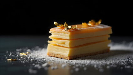 Exquisite millefeuille dessert with golden accents showcased in a side view studio shot