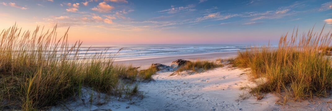 Sunrise beach scene with dunes and grasses