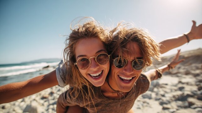 happy smiling summer couple piggyback together with arms outstretched at beautiful beach no logos no brands ar 169