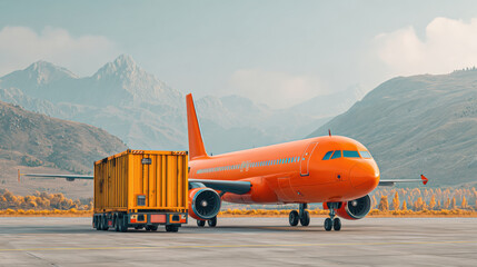 Fototapeta premium Airplane and cargo container on runway with mountain background showing import traffic and trade logistics