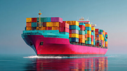 Container ship with colorful cargo containers sailing on calm sea showing import traffic trade activity