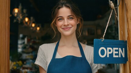 portrait of positive business woman standing at cafeteria door entrance cheerful young waitress in blue apron near glass door with open signboard and looking at camera excited small business owner no