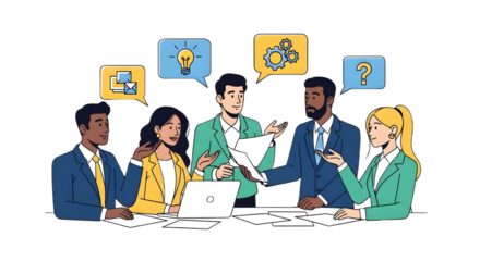 Diverse team brainstorming with speech bubbles above their heads icon