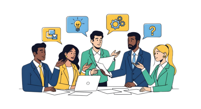 Diverse team brainstorming with speech bubbles above their heads icon