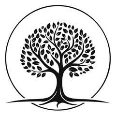 Vector black tree silhouette with roots and leaves, a symbol of nature and spring design