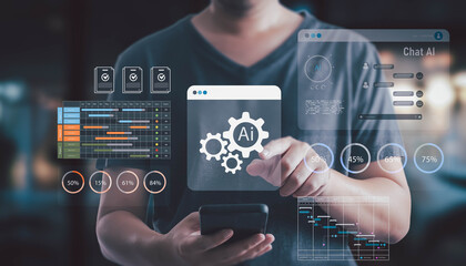 Businessman using a smartphone and touching a futuristic AI interface for project management. He analyzes data on a Gantt chart and uses a chatbot for automation. Concept of technology and business.