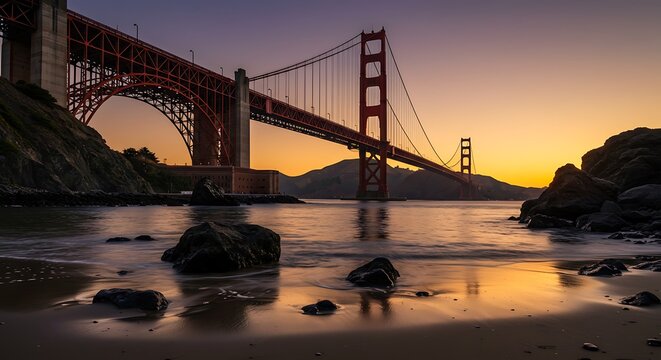 Golden Gate Bridge Bathed in Sunset's Glow from a Rocky Beach Shoreline