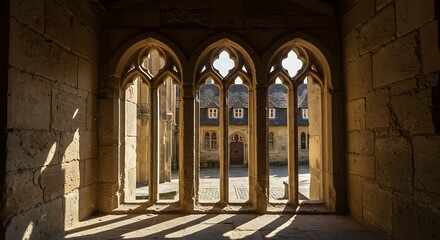 Fototapeta premium Gothic Archway View of Historic Courtyard with Dramatic Sunlight and Shadows