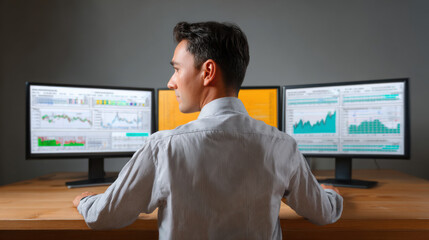 Businessman analyzing import data on multiple computer screens showing traffic and trade charts in office