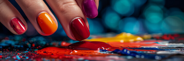 A woman's hand with fingers painted in various bold colors dipping into colorful liquid paints