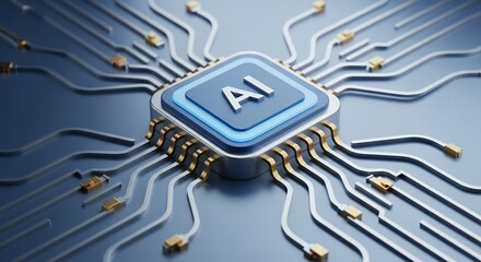 Detailed close up view of a computer chip with AI text prominently displayed on a blue surface connected by intricate metallic circuits and gold components on a dark blue background