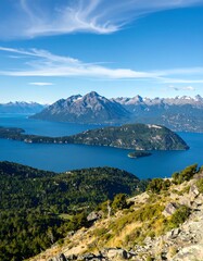 Fototapeta premium Mountaintop view of a lake and islands