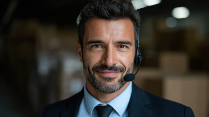 Customer service representative with headset smiling warehouse background showing import and trade support for traffic