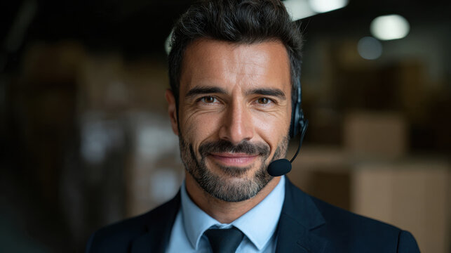 Customer service representative with headset smiling warehouse background showing import and trade support for traffic