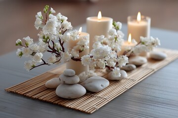 Obraz premium Serene spa still life featuring bamboo mat, smooth stones, candles, and white flowers, designed for relaxation and calmness.
