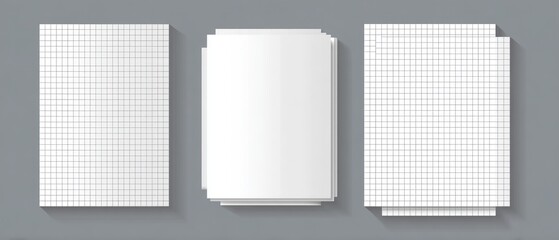 Three stacks of white gridded paper on a gray background