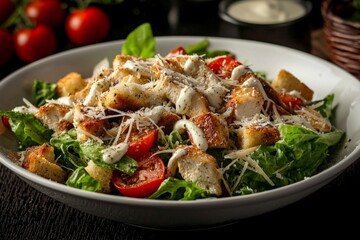 Savory chicken caesar salad topped with fresh parmesan cheese.