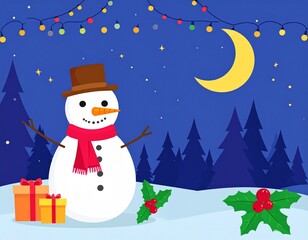 A cartoon snowman wearing a hat stands with a Christmas tree in a winter wonderland under a starry night sky