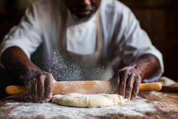 A chef is making a pizza dough on a wooden table
