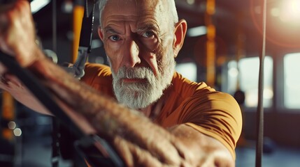 Senior man doing resistance band exercise cinematic lighting sharp focus high detail realistic style diverse model natural expression clean gym environment soft shadow contrast dynamic pose no text no
